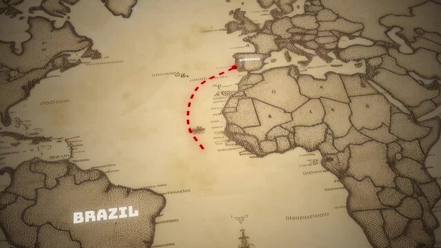 
An animated depiction of an ancient map showcasing the Portuguese voyage to Brazil, brimming with travel, adventure, and the spirit of discovery