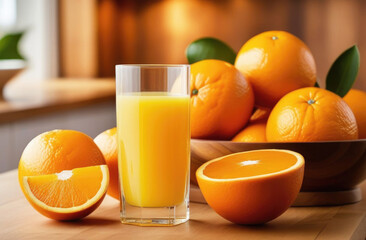 Glass of orange fresh juice and slices of orange fruit on wooden kitchen table. Healthy smoothie breakfast
