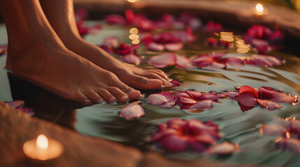 A close-up photo of a guest enjoying a relaxing foot soak with aromatic essential oils - happiness, bliss, relaxation, love and harmony