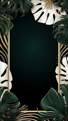 Elegant vertical frame surrounded by realistic monstera leaves with a deep black background for luxurious design space.