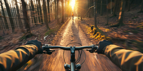 First person view of men riding bicycle in woodland path on sunny summer day. Athlete on his bike in summer forest.