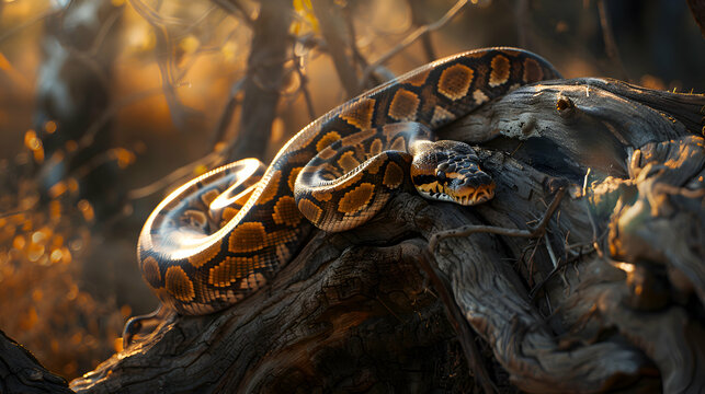 Sunbathing python curled around ancient tree trunk