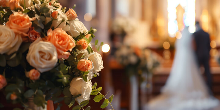 Beautiful flower bouquet as a wedding decoration in church, with bride and groom on the background.