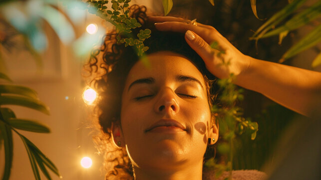 A tranquil photo of a guest receiving a scalp massage, with gentle pressure to release tension and promote relaxation - happiness, bliss, relaxation, love and harmony