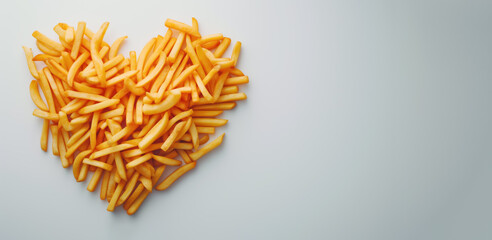 French fries chips in shape of heart, detail from above, copy space on side. Generative AI - Powered by Adobe