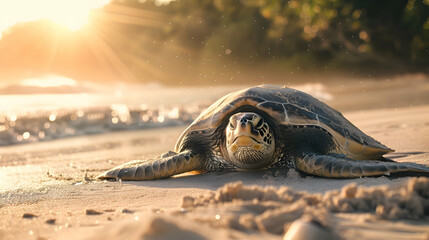 Sunbathing turtle basking on sun-drenched sandy beach