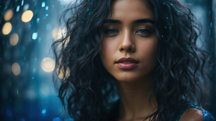 Fototapeta premium Woman With Wet Hair Standing in the Rain. Generative AI