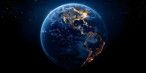 Nighttime satellite view of Earth showing continents connected by lights symbolizing global network and community. Concept Satellite Imagery, Global Connectivity, Earth at Night, Light Networks