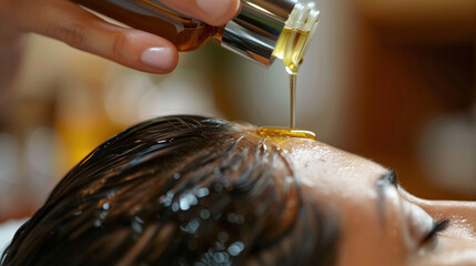 A close-up photo of a guest receiving a pampering scalp treatment, with nourishing oils massaged into the scalp - happiness, bliss, relaxation, love and harmony - obrazy, fototapety, plakaty