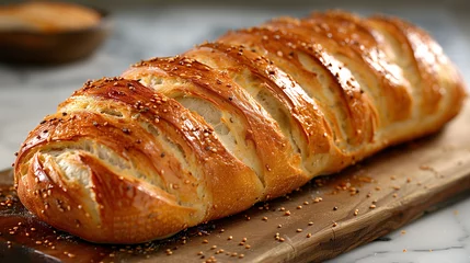 Gardinen Freshly baked bread loaf on wooden board with sesame seeds. © amixstudio