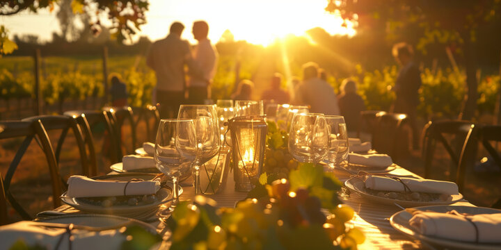 Stunning table arrangement for a wedding of festive event against a breathtaking backdrop of vineyards on summer sunset.