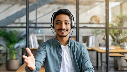 Friendly and helpful man wearing headset device and smart casual shirt looks at the camera and greeting interlocutor, support representative in touch, hindu guy in headphones involved meeting