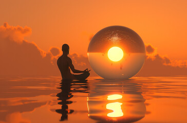 A man in yoga posture and with a glass sphere representing the earth and water, AI generated - obrazy, fototapety, plakaty