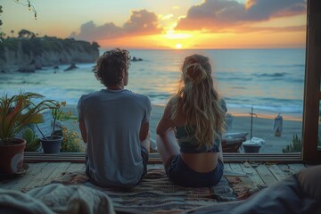 An intimate moment captured as a couple sits side-by-side on a cozy balcony overlooking a dramatic beach sunset - Powered by Adobe