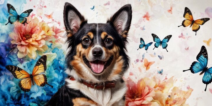   Close-up of a dog in front of butterfly and flower painting with butterfly wallpaper background