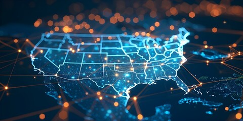 Digital Map of the USA: Visualizing Global Network Connectivity and Data Transfer for Cyber Technology and Information Exchange. Concept Cyber Technology, Data Transfer, Global Network Connectivity