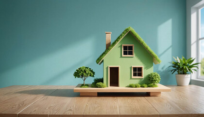 Modèle miniature de maison sur la table, isolée sur fond bleu, concept de crédit immobilier, épargne logement, performance énergétique - IA générative