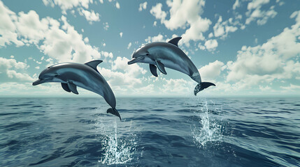 Two playful dolphins leaping gracefully above the water