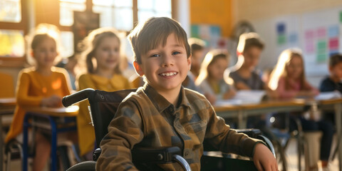 Cheerful preteen boy sitting in a wheelchair in a classroom in school. Disabled child learning new...