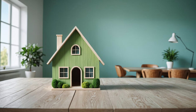 Modèle miniature de maison sur la table, isolée sur fond bleu, concept de crédit immobilier, épargne logement, performance énergétique - IA générative