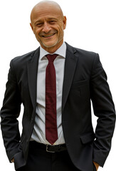 A bald businessman in a suit and tie is smiling, cut out transparent