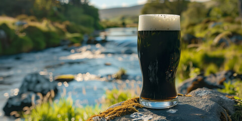 Glass of dark stout beer. Spectacular Irish nature. Green pastures, cliffs and crushing waves on...