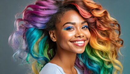 smiling beautiful woman with colorful hair - obrazy, fototapety, plakaty