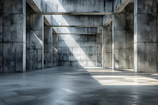 Concrete space with no doors visible, light filtering into the hall from above.