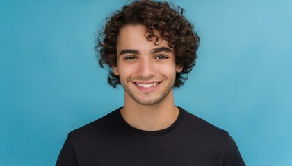  Handsome brunette young man in simple black t-shirt with curly hair smiling to the camera isolated on blue background with copy space, good looking model portrait