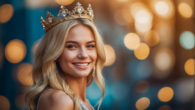 Beautiful blonde woman in golden crown queen