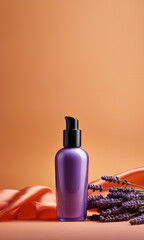 Cosmetic bottle mock up with dispenser. Orange satin fabric  and lavender flowers on background. Body care products. Beauty concept for banners, flyers, posters, with copy space.	