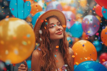Portrait of a woman in a festive mood, laughing among a colorful backdrop of balloons
