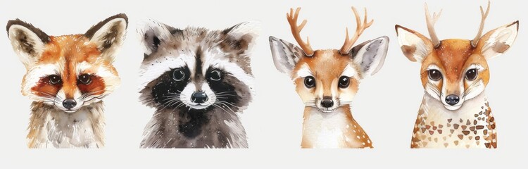 Watercolor cute hand drawn baby woodland animals clip art, 4 animals isolated on white background, nursery style, raccoon, fox, deer with antlers and owl, neutral pastel colors.