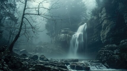Mystical foggy waterfall in a forest - A serene and mystical shot of a waterfall cascading down rocky cliffs surrounded by a foggy, dense forest