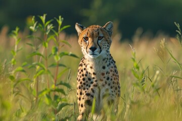 Cheetah standing amidst the tall grass - A majestic cheetah stands alert in a field with tall grass, bathed in warm sunlight highlighting its spotted coat