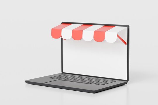 3d laptop store shop icon. laptop blank screen mockup store building. Shopping online, e-commerce online shopping, fast delivery concept. Minimal realistic icon design. 3d rendering illustration.