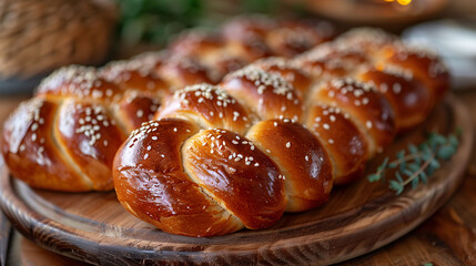 Freshly baked challah bread on wooden board with herbs, rustic kitchen background.