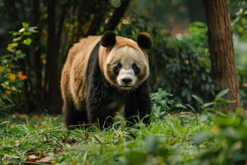Giant Panda in Natural Habitat - A captivating close-up of a giant panda bear in its natural, lush green habitat, expressing wildlife conservation importance