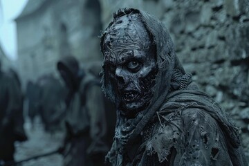 Fototapeta na wymiar Ghastly figure in medieval costume - An eerie medieval zombie figure in haunting attire stands ominous amidst a bleak setting