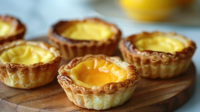 Freshly baked egg tarts on wooden board - Close-up image showcasing delicious freshly baked egg tarts with a smooth yellow custard filling on a wooden cutting board