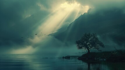 Majestic solitary tree on misty lakeshore - A solitary tree stands on a misty lakeshore as sunlight breaks through the clouds, imparting a feeling of hope