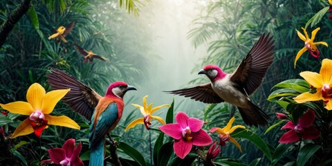   Two birds perch atop a verdant forest brimming with blossoms as avian creatures soar overhead