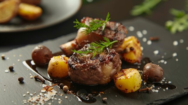 Lamb with potatoes, chervil and cloves. A dish for an expensive restaurant.