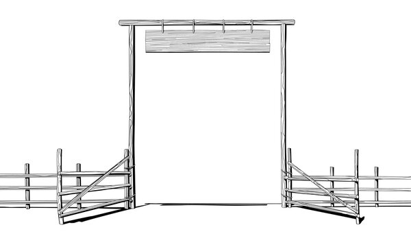 Old wooden american wild west farm gate with hanging signboard and fence drawn in black linear style isolated on white. Vector illustration