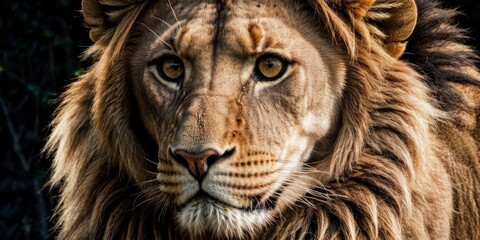 Fototapeta premium A close-up of a lion's face with a bush in the background of the image