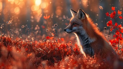 A fox is sitting in a field of red flowers