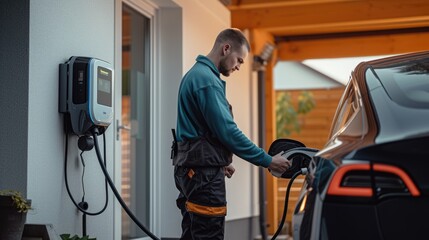 Fototapeta na wymiar An electrician in work attire is busy setting up an electric vehicle charging station in a residential garage, contributing to sustainable living. AIG41