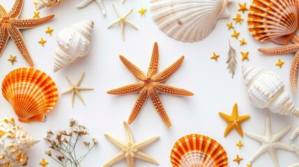 Admire our vibrant orange starfish against a white background, a symbol of tropical relaxation and marine beauty.