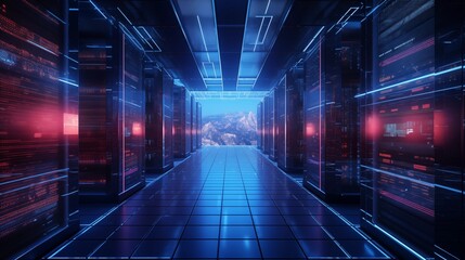 Futuristic Data Center with Red and Blue Neon Lighting