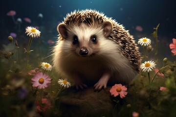 a hedgehog standing on a rock surrounded by flowers